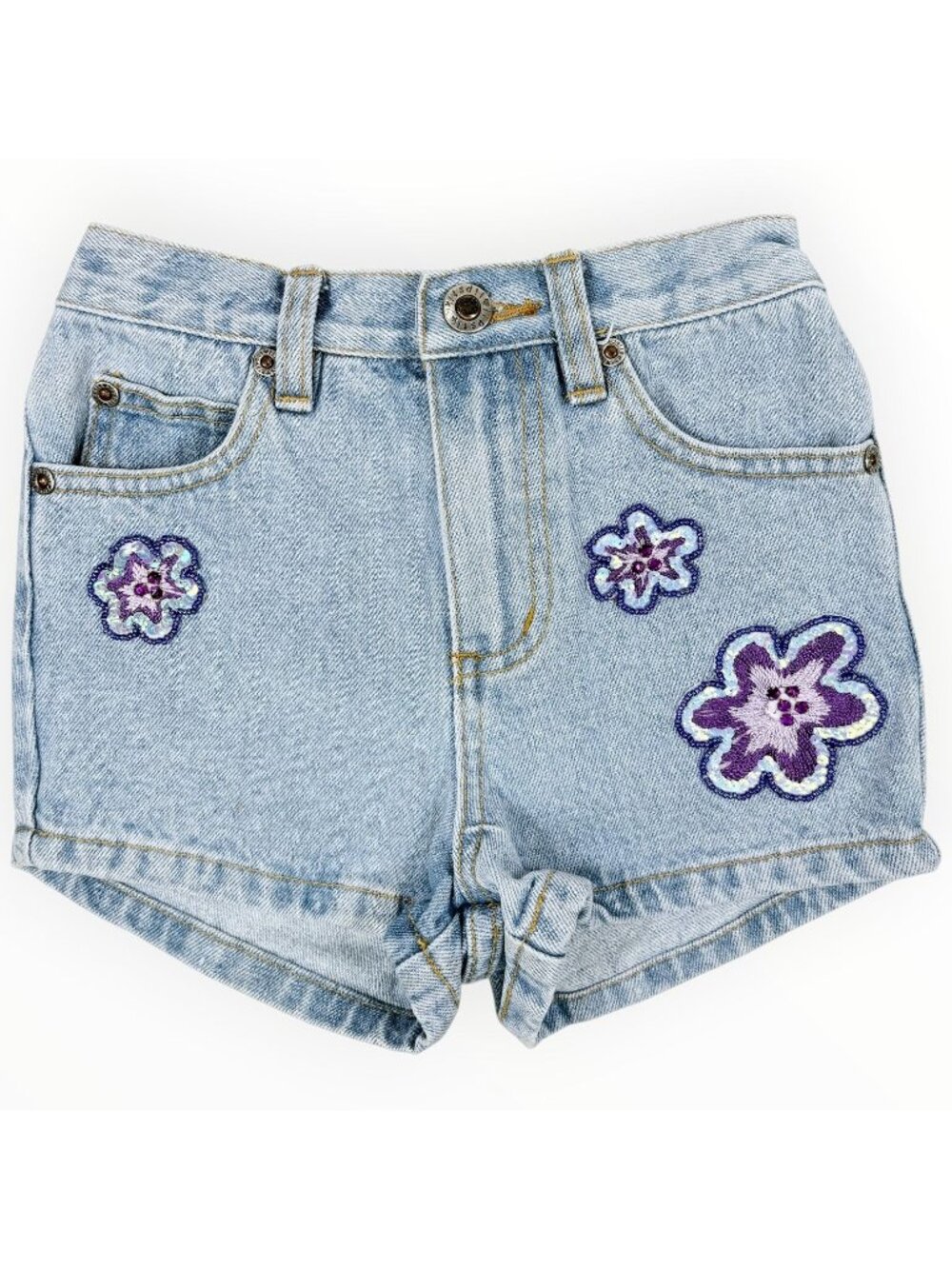 Vintage Y2K Girls Purple Sequin Flower Light Wash Denim Shorts 5 - 6